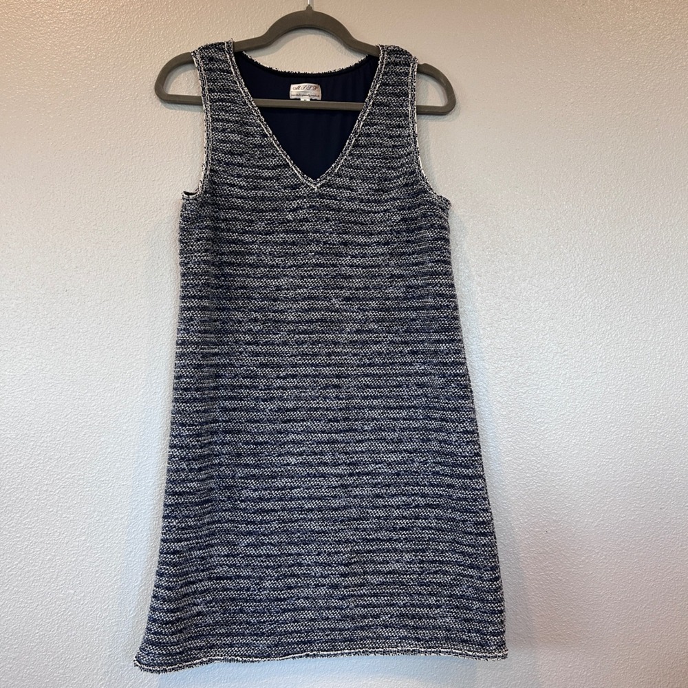 MSSP Max Studio‎ Navy White Tweed Sleeveless V-Neck Shift Dress Size M 7001068